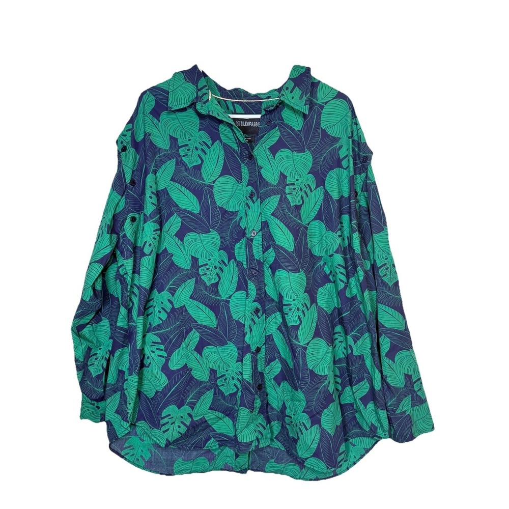 Wildfang Essential 12-Way Button Up Shirt Womens 1X‎ Green Tropical Leaf Print